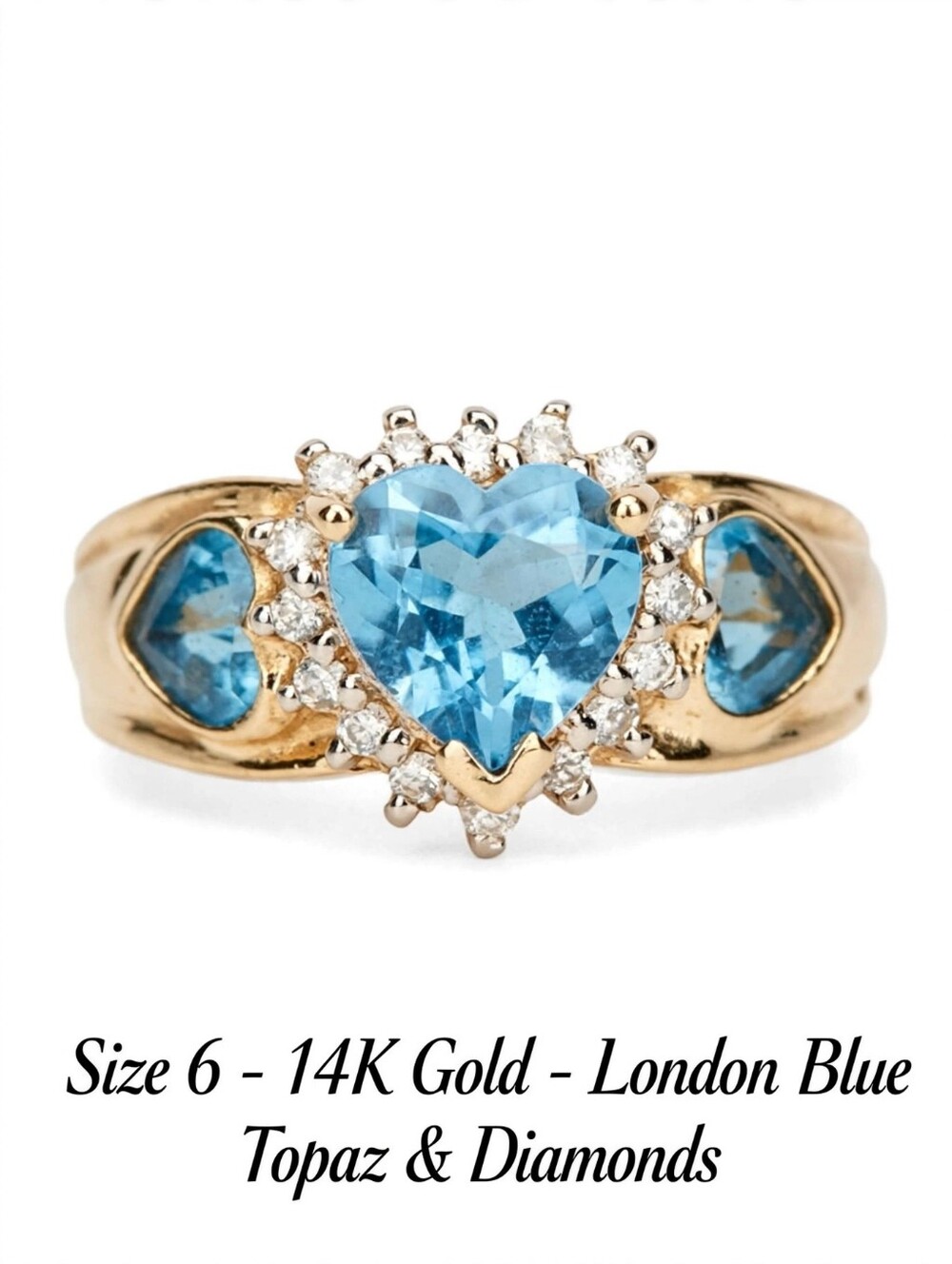 Vintage 14k Gold With Real London Blue Topaz Hearts and Diamonds